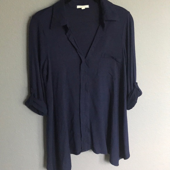 Pleione Tops - Pleione Navy Asymmetrical Hem  Shirt with Placket